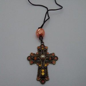 Orange and Bronze Color Cross on Brown Silky Cord